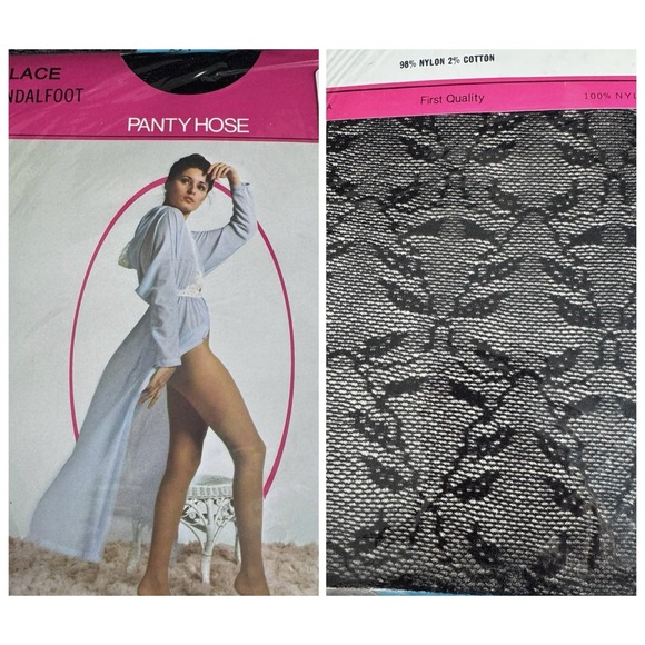 Secret Moments Other - Vintage Panty Hose Lace Sexy‎ Black Nylon Size Petite Small Made In USA 80s NIP